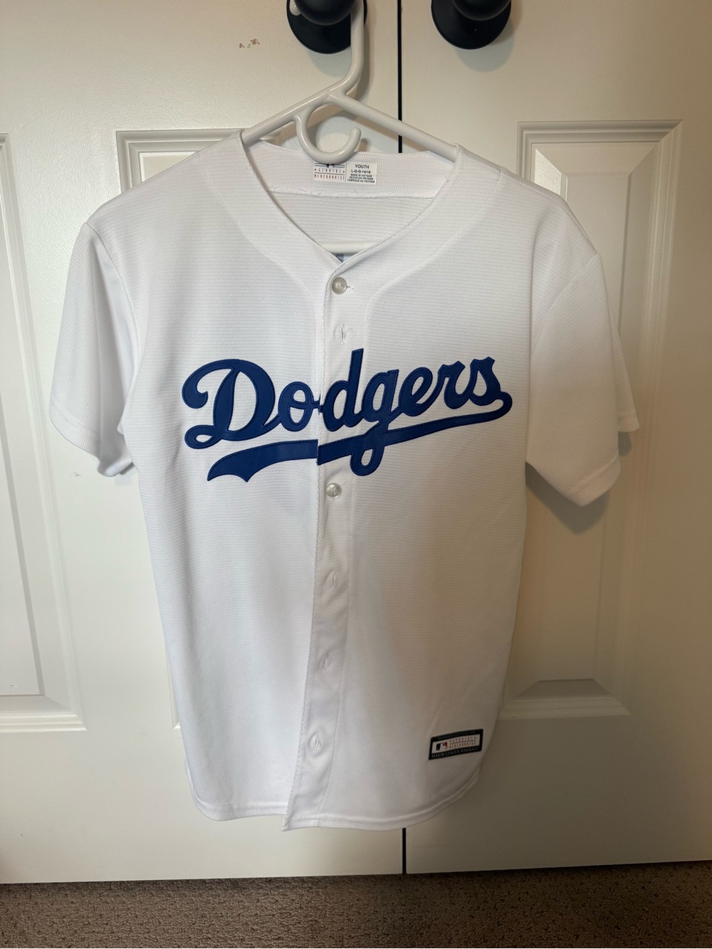 Dodgers Bellinger White Youth Button-Front Jersey with Blue Script